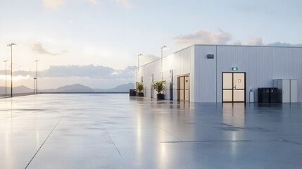 Fototapeta premium modern container storage facility with reflective surface and mountains