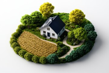 2D illustration of a small rural home with trees and fields, set against a white background, representing simple, affordable living