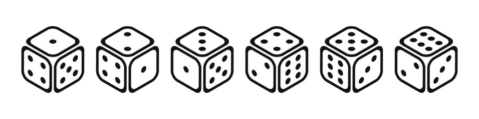 All sides of dices icons set. Dice Faces, Diceline icons collection. Traditional die with different numbers of dots or pips. Vector illustration.