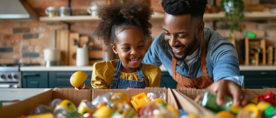 A man and his daughter happily look into a box of fruits. The scene radiates joy as they engage in a positive activity together.