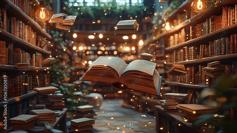 Poster discover the enchantment of a floating book in a cozy library filled with knowledge and imagination