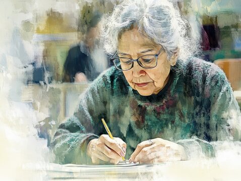 Senior woman immersed in an international classroom, taking notes with dedication, watercolor tones highlighting wisdom and learning spirit