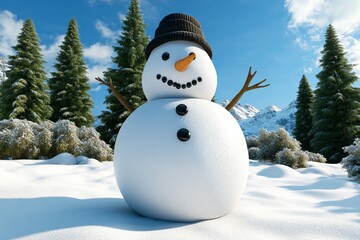 A 3D-rendered snowman with realistic shadows and textures, set in a snowy virtual landscape with pine trees
