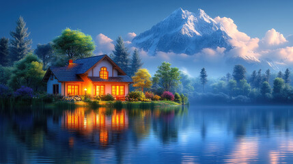 Fototapeta premium A charming cottage stands next to a calm lake surrounded by majestic mountains and vibrant trees, their colors enhanced by the evening light