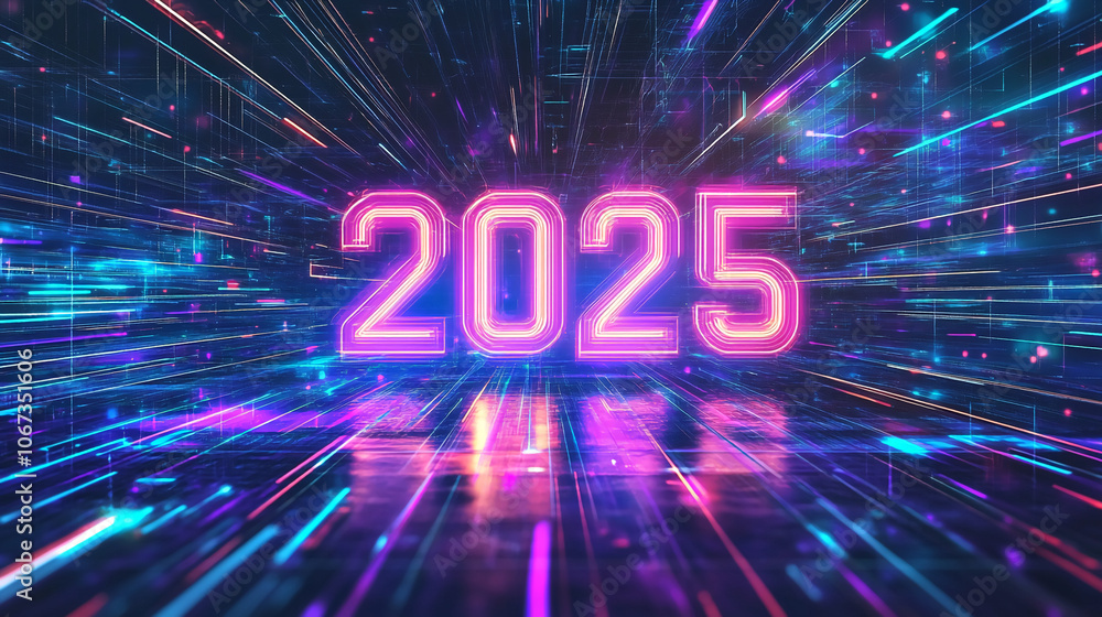 Poster a digital representation of the year 2025 in glowing neon pink letters against a background of color