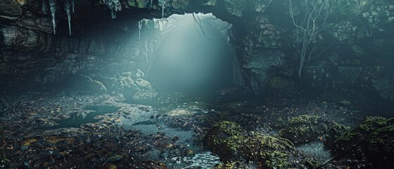 Fototapeta premium A cave with icicle-adorned entrance, moss-covered interior, and fallen leaves, illuminated by natural light, in a tranquil natural setting devoid of human influence.