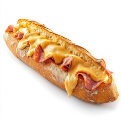 A fresh baguette sandwich with ham and cheese, isolated on a white background, showcasing a hearty meal