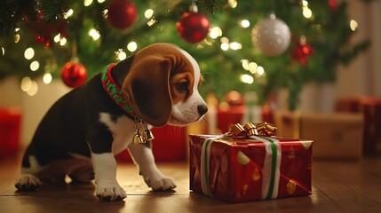 A curious beagle puppy explores a festive Christmas gift near a beautifully decorated holiday tree glowing with lights and ornaments.