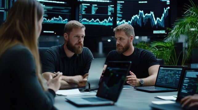 High-Tech Meeting in Modern Boardroom with Holographic Displays