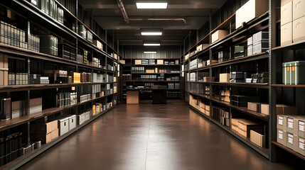 Obraz premium well organized stockroom with labeled shelves and boxes, showcasing efficiency