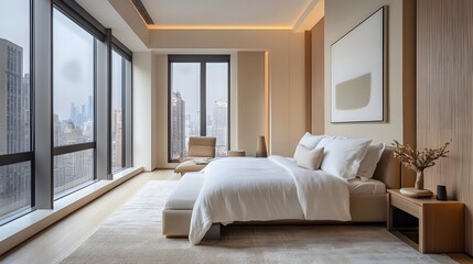 Modern condo bedroom with minimalist design, soft textures, and a neutral color palette for a peaceful and stylish retreat.
