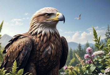 Obraz premium An eagle sits in a dense forest, carefully observing its surroundings. A perfect scene of wildlife and predators 