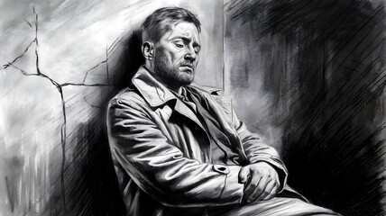 Fototapeta premium Charcoal drawing of a sad man in a trench coat leaning against a wall with heavy shading emphasizing emotional weight