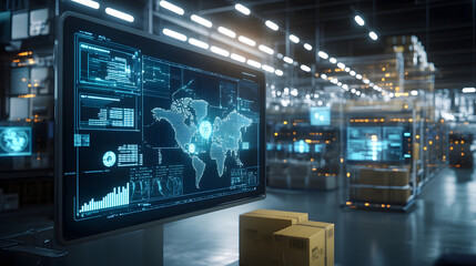 3D render of inventory planning software screen in warehouse setting
