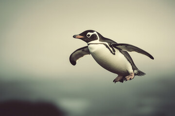 Obraz premium Selective focus jumping penguin on iceberg in the zoo, Portrait of happy penguin stand on ice in north pole zone, Flying penguin into the sea.