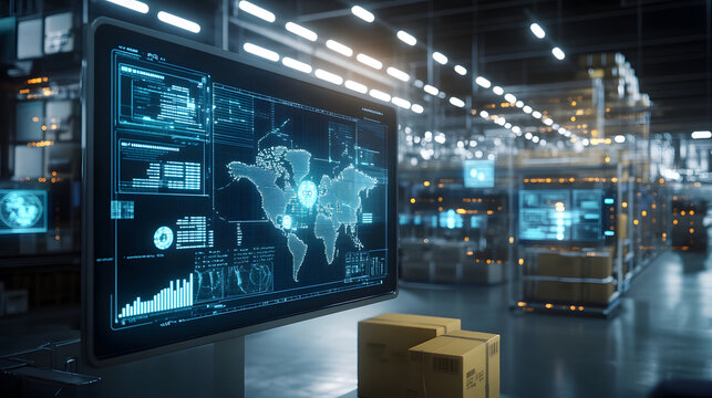 3D render of inventory planning software screen in warehouse setting