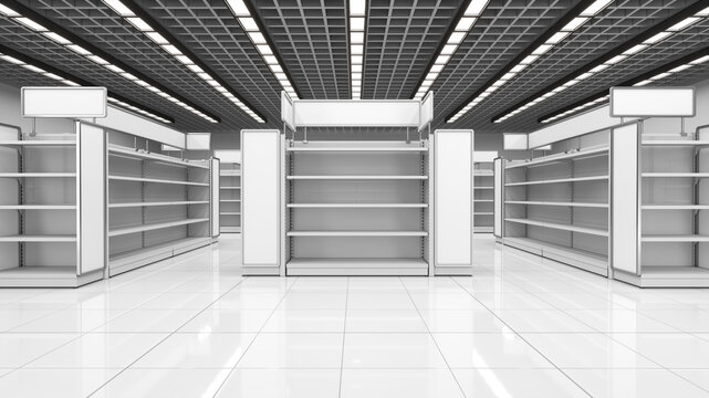 Supermarket interior mockup with rows of empty metal racks. 3d illustration