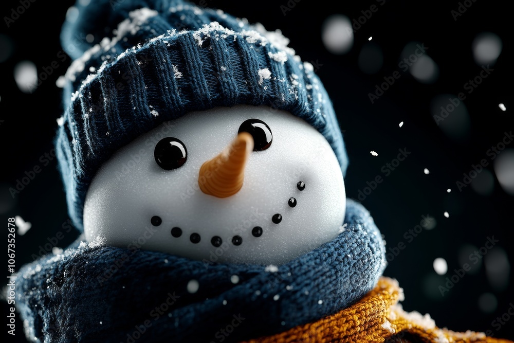 Poster a close-up of a snowmanâ€™s face with expressive coal eyes and a playful smile, snow falling around 