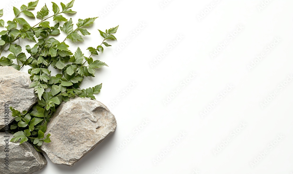 Poster fresh green leaves and smooth stones arranged artistically on a white background, creating a serene 