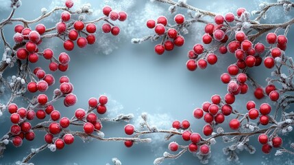 snowcovered board frame adorned with frostkissed branches and vibrant red berries creating a picturesque winter scene perfect for adding personalized messages or festive greetings