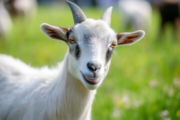 Obraz premium Selective focus goat in ranch farming, Portrait of goat with hilarious face stand on grass field, Livestock farming in the meadow land.