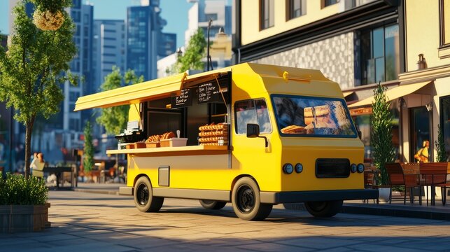 Bright yellow food truck parked in a bustling city street serving delicious hot dogs.  The truck has a modern design and is ready to serve customers. This is a great way to enjoy a quick meal or snack