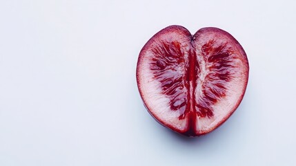 Healthy kidney-shaped fruit on white background, sliced to reveal vibrant red interior, symbolizing kidney health with copy space for text overlay.