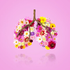 Mock-up in the shape of human lungs made of flowers with reflection isolated on pink background....