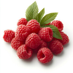 A handful of fresh raspberries with leaves, isolated on a white background, showcasing vibrant red color and juicy texture