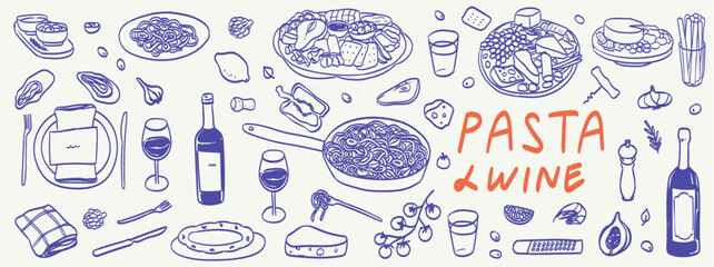 Italian homemade pasta retro vintage doodle drawing. Family dinner, picnic, breakfast or supper with wine, macaroni and snacks. Dolce vita table setting drawings for cafe or restaurant menus design.