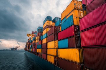 Fototapeta premium Selective focus side view container cargo freight ship with stack of container box, Aerial view of massive cargo ship on the sea.