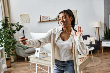 A cheerful young woman studies at home and enjoys connecting with others via video call.