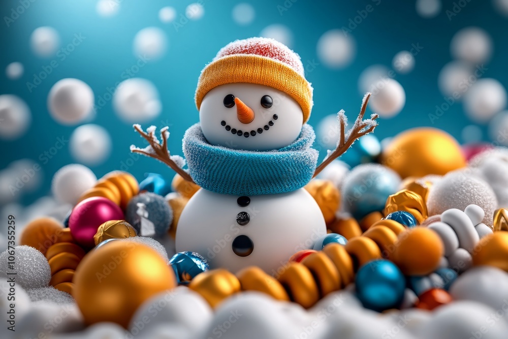 Poster a fantasy snowman with colorful, floating ornaments around it and shimmering frost on its scarf, set