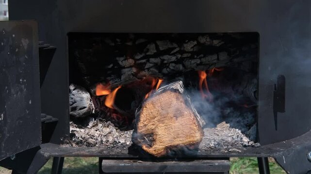 Log burning in a black stove showcases vibrant flames and swirling smoke, creating a warm and inviting atmosphere