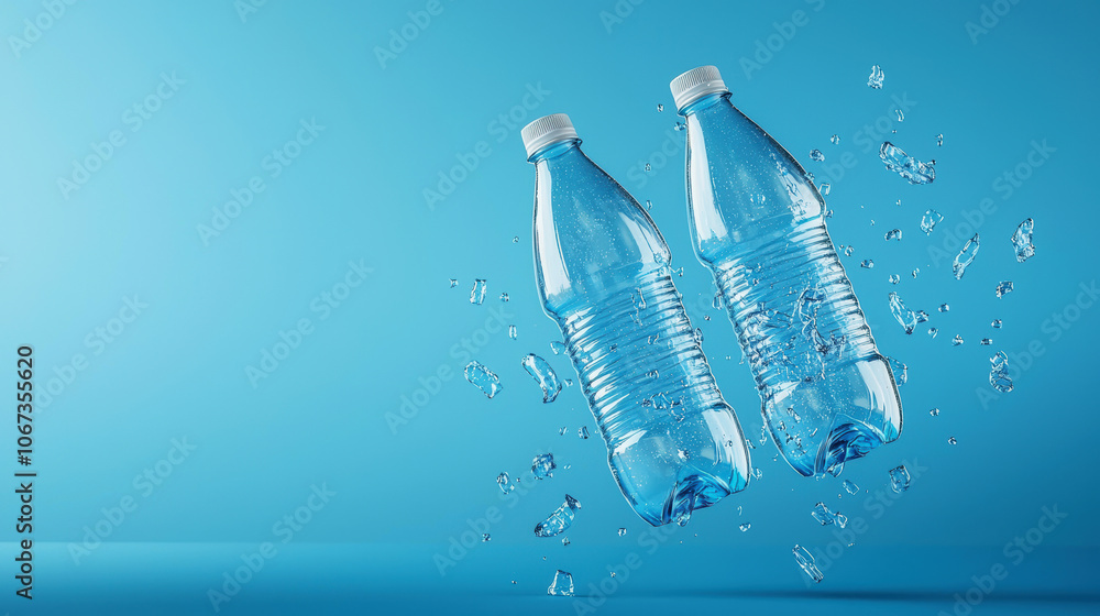 Poster two bottles of water are floating in the air with water splashing around them
