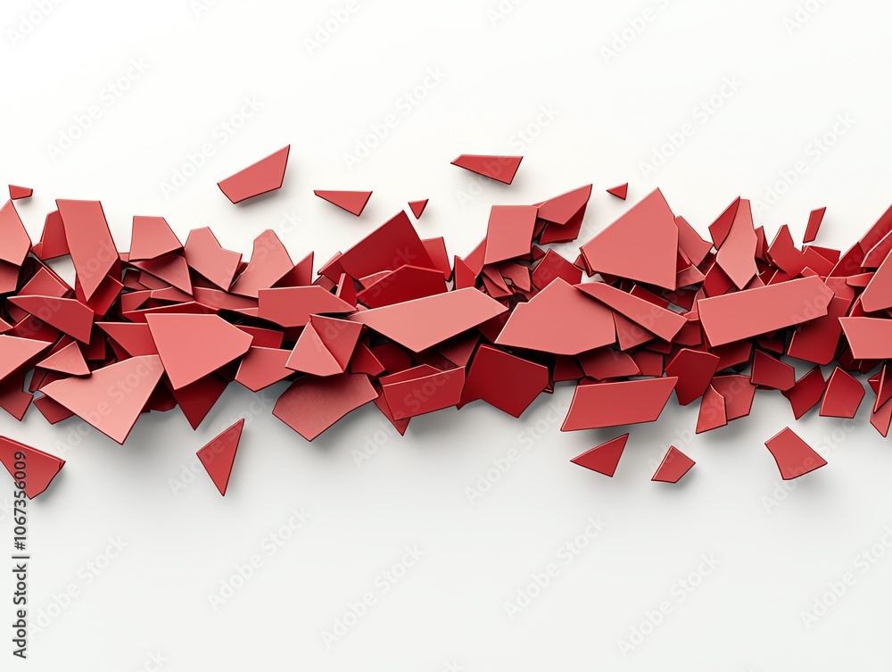 Aufkleber Abstract composition of fragmented red shapes scattered on a white background, creating a dynamic and vibrant visual effect.