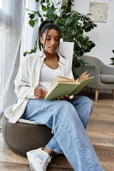 A young woman engages in remote study, absorbing knowledge while sitting amidst greenery.