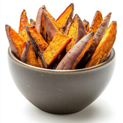 A bowl of roasted sweet potato fries, isolated on a white background, highlighting a healthy and flavorful snack option