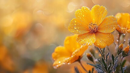 Dew-kissed Marigold Blossoms with Soft Focus and Gentle Light, Vibrant Colors, Captivating Bokeh Effects, Nature's Delicate Beauty