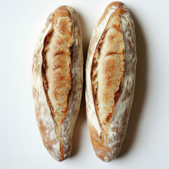 A warm baguette loaf with a crispy crust, isolated on a white background, showcasing a classic French bread