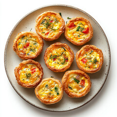 A plate of mini quiches with flaky crust, isolated on a white background, showcasing a versatile snack or appetizer