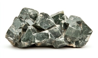 Close-up view of a cluster of green minerals displaying unique shapes and textures against a white background.