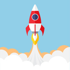 Space rocket flies out of clouds. Successful business start and technology. Startup launch online. New innovation project development idea, rocket ship symbol of success and power, spaceship flight