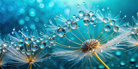 Obraz premium Dandelion Seeds Macro, Water Drops, Blue Turquoise Background