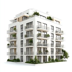 Obraz premium Modern residential building with balconies and greenery, white isolated background.