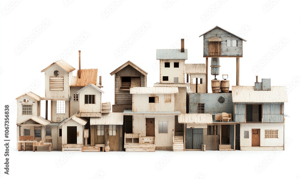 Poster a collection of diverse miniature wooden buildings with various architectural styles on a white back
