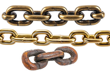 Gold and rusty metal chain links isolated transparent background , for design element, transparent background or isolated on white