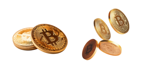 Gold Bitcoin Coins on Black Background