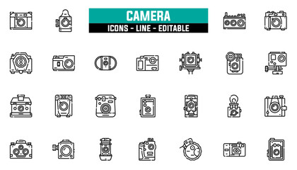 Set of 25 line icons camera. Editable stroke. Vector illustration
