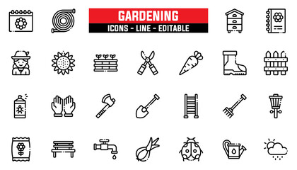 Set of 25 line icons gardening. Editable stroke. Vector illustration